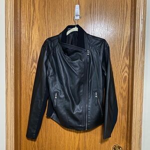 Faux Leather Rib Knit Biker Jacket